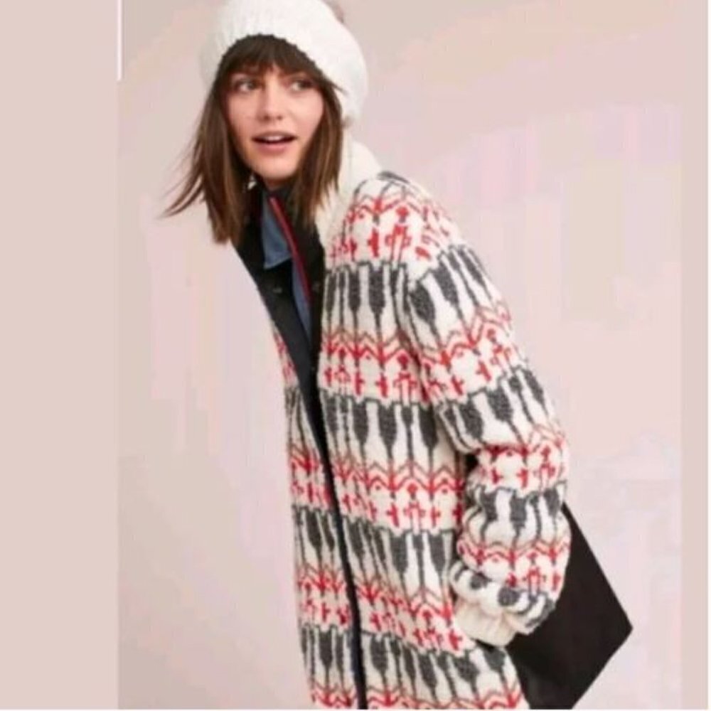 Anthropologie Red and Gray Sleeping on Snow Intarsia Wool Blend Jacket